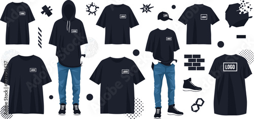 Streetwear Black Outfit Collection Illustration with T Shirts, Hoodie, Jeans, Sneakers and Urban Branding Elements for Modern Fashion Design