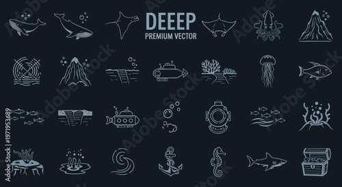 Ocean Life and Underwater Exploration Icons Set