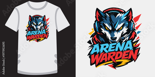Aggressive wolf mascot logo wearing headset for esport player profile and gaming team wear.