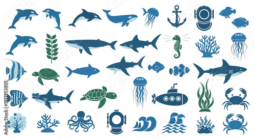 Ocean Life Icons: Whales, Dolphins, Sharks, Turtles, Jellyfish, Corals, Sea Horse