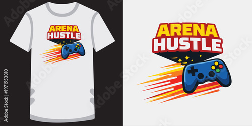 Arena hustle gaming mascot logo with speed trails for competitive player clothing design.