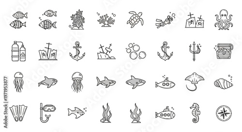 Ocean Underwater Life Icons Set: Sea Creatures, Diving, Ships, Treasure
