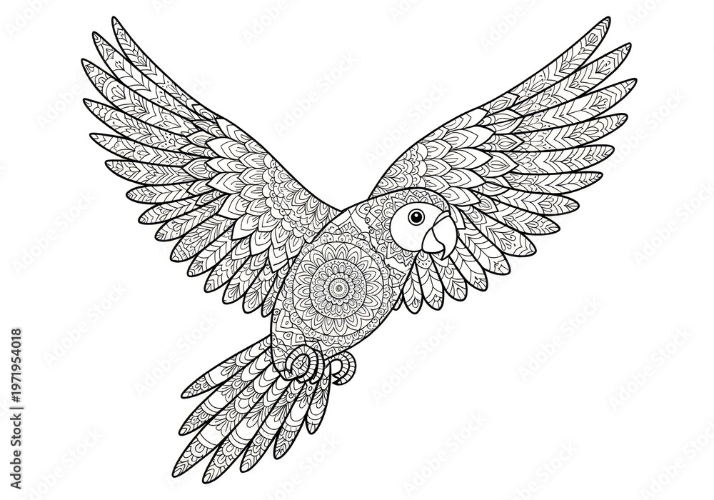 Obraz premium Intricate black and white mandala pattern parrot bird in full flight isolated on transparent background