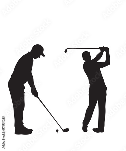 Two black silhouette vector illustrations of male golfers, one preparing to tee off and the other mid-swing, capturing the essence of the game.