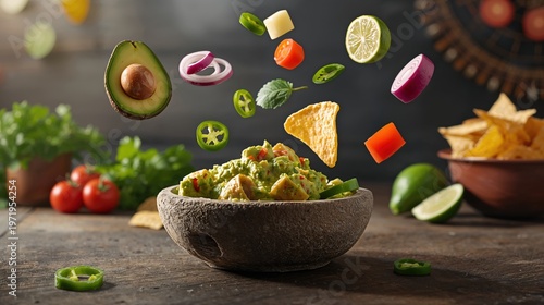 Fresh guacamole with ingredients being dropped into a bowl