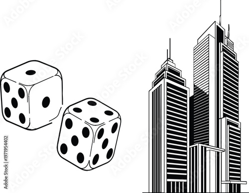 Line Art Icons of Dice and Skyscraper for Business, Urban Development, and Gambling Themes