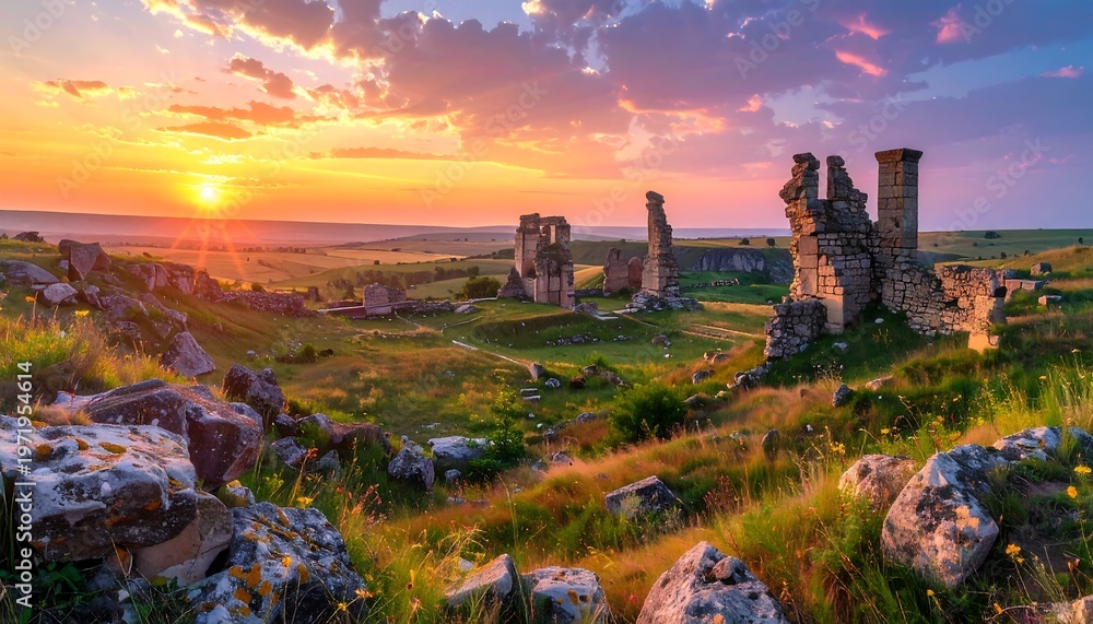 Fototapeta premium A serene landscape of ancient ruins at sunset