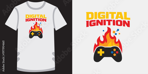 Digital ignition gaming controller on fire t-shirt design illustration.