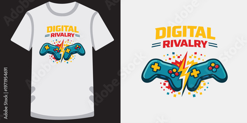 Digital rivalry game controllers facing off with exploding pixels and lightning.