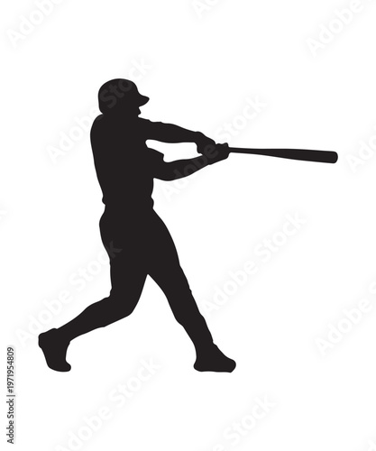 A dynamic silhouette of a baseball player executing a powerful swing with a bat, showcasing athletic motion and focus on a white background.