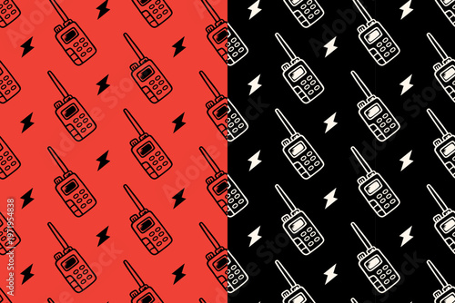 Walkie talkie with thunder hand drawn seamless pattern on red black background set for merch. Two way radio with lightning retro pattern background for outdoor. Handheld radio vintage motif wallpaper