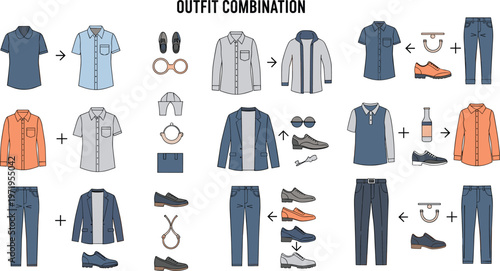 Outfit Combination Guide Illustration with Mix and Match Clothing, Shirts, Jackets, Pants, Shoes and Accessories for Men’s Fashion Styling