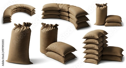 Various realistic burlap sandbags and sacks in different arrangements, isolated on a white background. Perfect for concepts of protection, agriculture, construction, or storage.