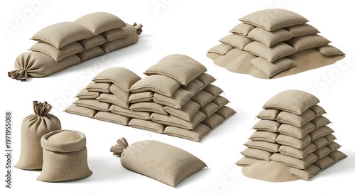 Detailed studio shot of multiple jute and burlap sandbags, stacked and individual, filled with sand or other granular material, isolated for design use.
