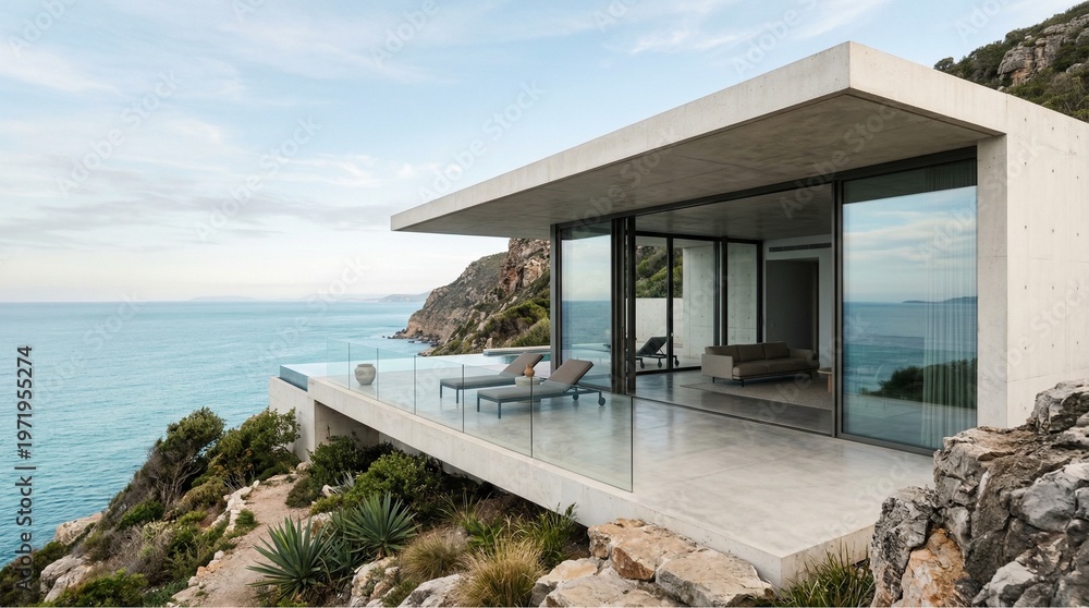 Fototapeta premium Modern Minimalist Concrete Villa with Infinity Terrace and Ocean View, Generative AI