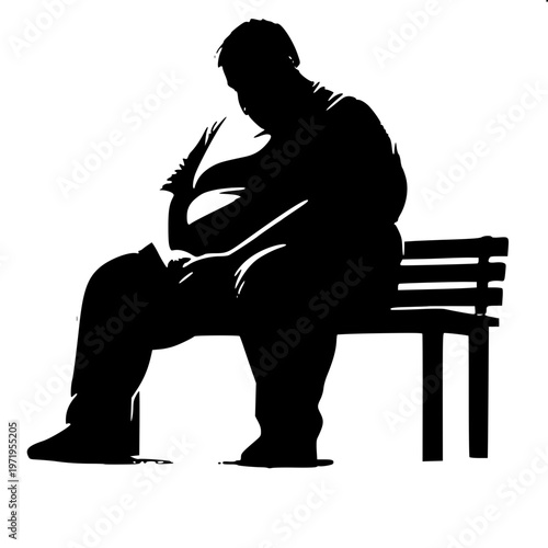 Solid black silhouette of sad chubby man sitting alone