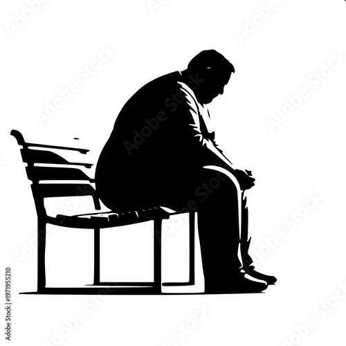 Minimalist adult chubby man sitting alone sad outline vector