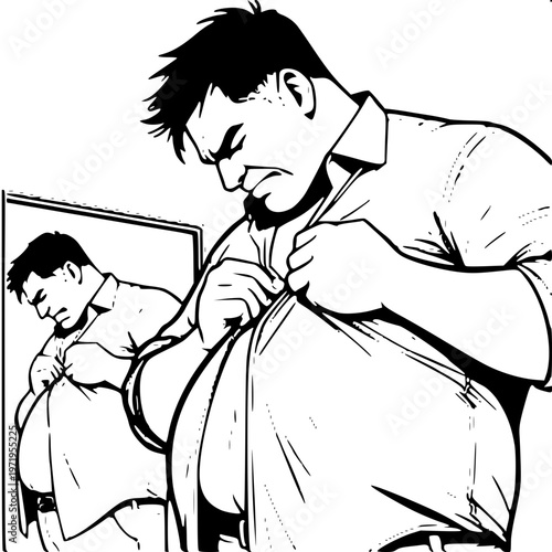 Adult plus size man struggling with tight shirt outline