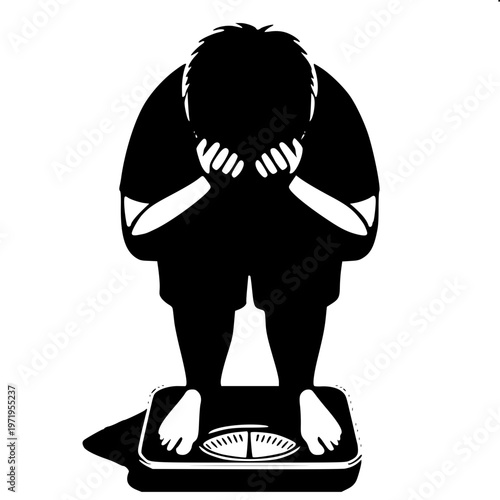 Solid black silhouette of man frustrated on weighing scale