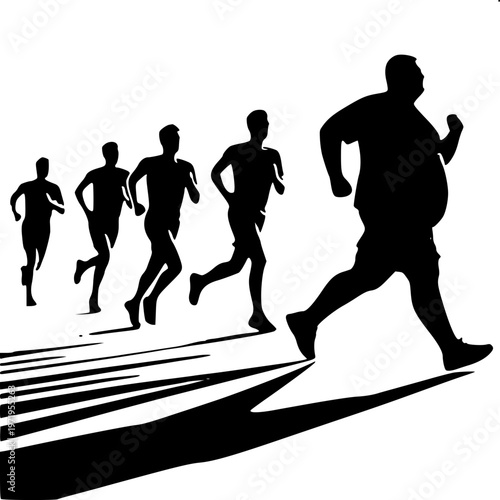 Chubby man out of breath running slowly outline