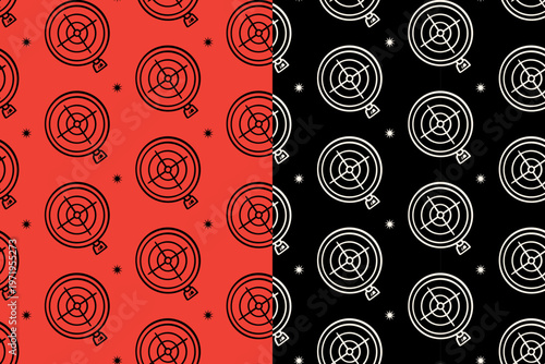 Shooting target with light hand drawn seamless pattern on red black background set for shooter. Bullseye with star retro pattern background for sport. Crosshair aim target vintage motif wallpaper