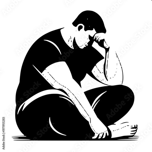 Solid black silhouette of lonely heavy man on floor