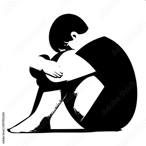 Adult plus size man sitting on floor lonely outline