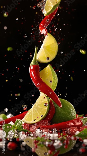 Chili peppers and limes splashing into the water against black
