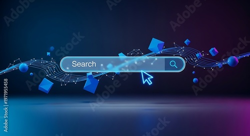Digital search bar with glowing cursor and abstract geometric shapes, representing online information retrieval and web browsing.