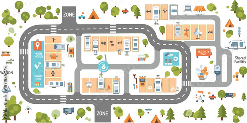 Smart City Mobility Map Illustration with Electric Charging Stations, Shared Bikes, Transport Zones, Urban Infrastructure and Sustainable Transportation System Design