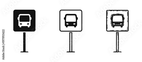 Bus Stop Sign Icon Set with Solid, Outline, and Hand-Drawn Styles, Public Transportation Symbol