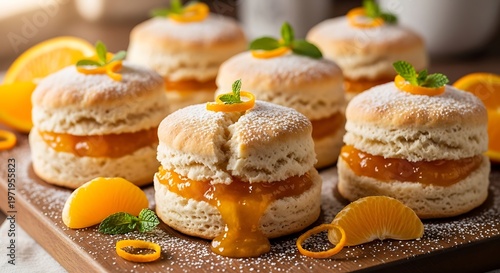 Delicious orange scones with marmalade and mint on wooden serving board