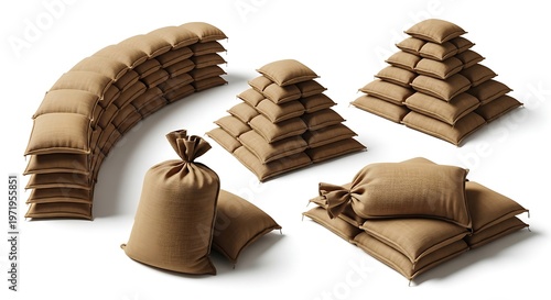 Collection of brown sandbags and sacks in various stacked formations against a clean white background. Ideal for construction, flood protection, military, or barrier concepts.