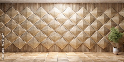 Elegant Wooden Wall Paneling with Geometric Design and Small Plant in Pot