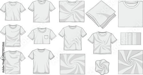 T Shirt Fabric Texture and Mockup Set with Wrinkle Effects, Folded Cloth, Surface Patterns and Apparel Presentation Templates for Fashion Design