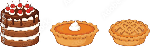 Cartoon desserts in colorful vector illustration of chocolate cake, pumpkin pie, and apple pie bakery design