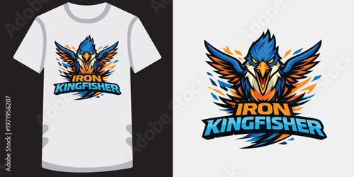 Iron kingfisher logo mascot design vector art, determined bird with metal wings and power.