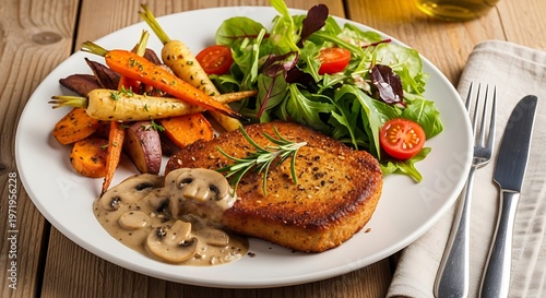 Delicious plate of food with grilled vegetable and salad close up