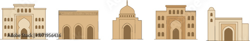 Cartoon Islamic architecture in colorful vector illustration of Middle Eastern buildings with arches, domes, and cultural design
