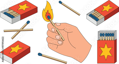 Cartoon lit matchstick in colorful vector illustration with matchboxes, flame, and ignition fire concept design