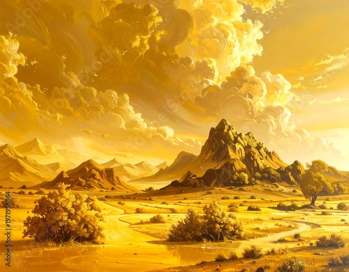 A desert landscape with mountains and clouds