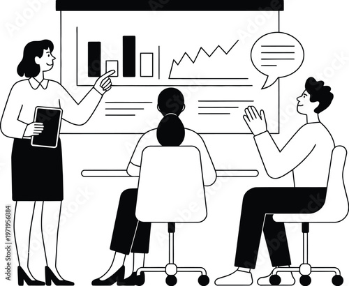 Business team discussing data analysis and financial charts