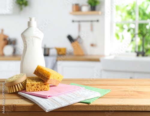 Cleaning Supplies on a Wooden Table in a Bright Kitchen Setting.