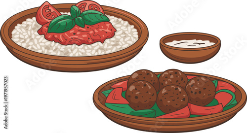 Cartoon Mediterranean food in colorful vector illustration of rice with tomato sauce, falafel, vegetables, and dipping sauce design