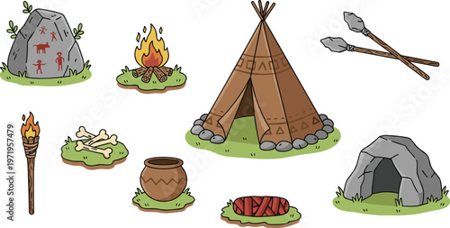 Cartoon prehistoric life in vector illustration of cave art, fire, tools, pottery, bones, and primitive survival design