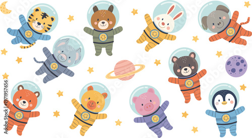 Cartoon space animals in colorful vector illustration of cute astronaut creatures floating with stars, moon, and planets design