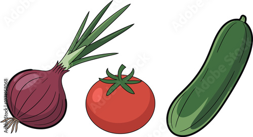 Cartoon vegetables in colorful vector illustration of onion, tomato, and cucumber food design