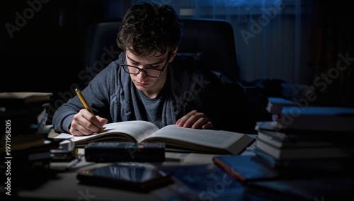 Academic dedication illustrated by young man studying with multiple books in focused night environment