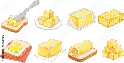 Vector illustration of butter in different forms including cubes, slices, blocks, and spread on toast