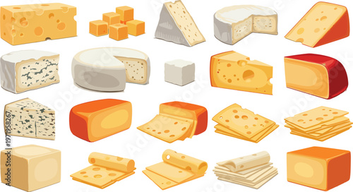 Variety of Cheese Icons Set with Blocks, Slices, Cubes, and Wheels for Food and Dairy Illustrations